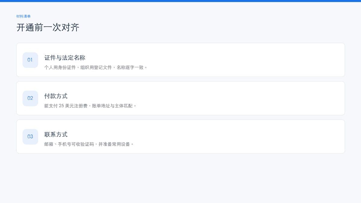 开通前材料清单:证件、付款、主体信息